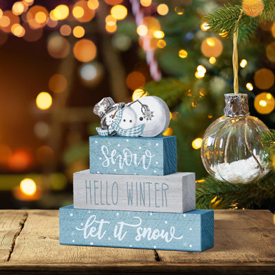 Christmas Wooden Signs Set - White/Beige - 4 Pieces, Tabletop Decor, “Let It Snow” And “Hello Winter” Design