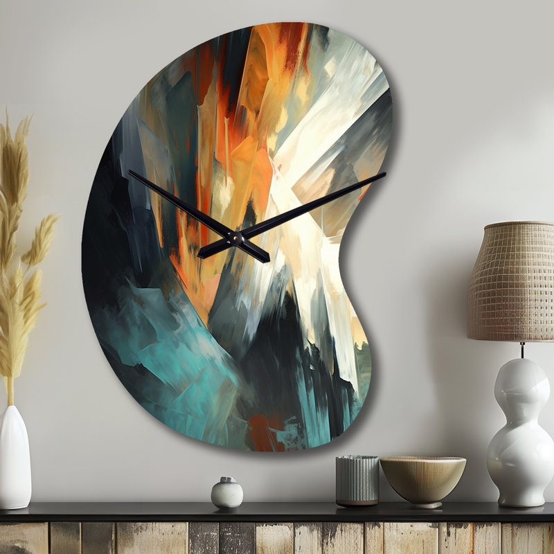 Orange et bleu abstrait mélangé de couleurs I - horloge murale asymétrique moderne en métal, impression d'horloge murale orange