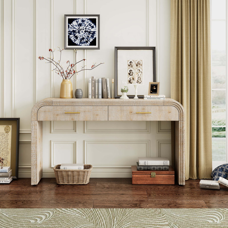 Wood Storage Console Table Sofa Table with Drawers, Natural Wood Wash
