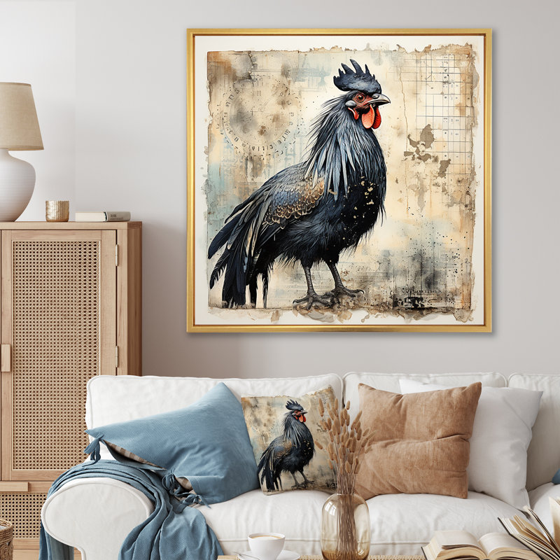 Art mural rétro, coq majestueux I, Cadre flottant doré, H 36 po x l 36 po x P 1,5 po
