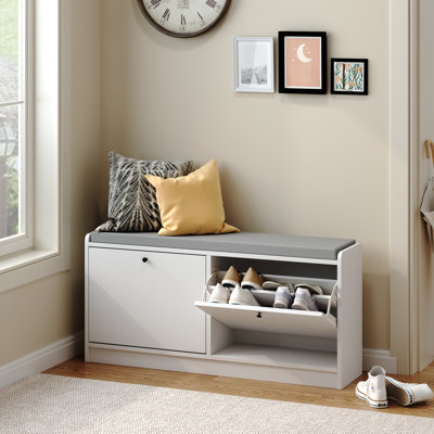Shoe Storage Bench with Cushioned Seat, Flip-Drawer Shoe Cabinet & Closed Storage Cabinet, Entryway Shoe Bench for Hallway, Mudroom, Living Room