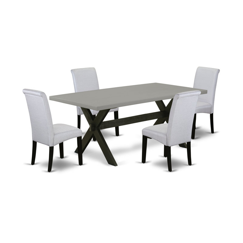 Ensemble de 5 pièces pour coin-repas pour 4 personnes comprenant une table de salle à manger rectangulaire avec pieds en X et 4 chaises Parsons en lin gris, noir brossé