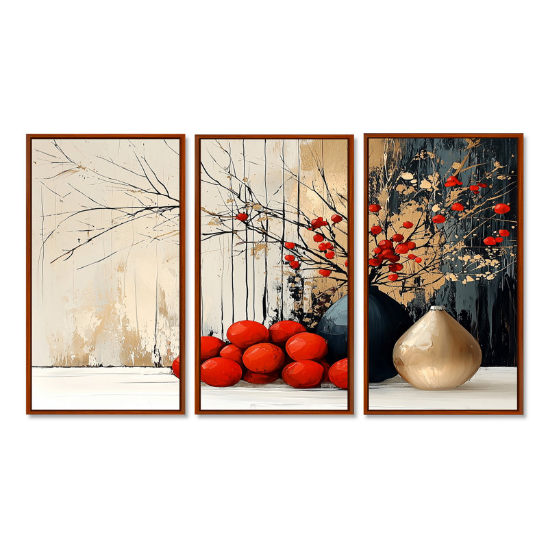 Red Holiday Christmas Decorations II - ensemble de reproductions d'art mural de Noël, Toile avec cadre flottant brun