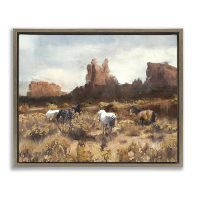 Desert Horses Landscape Grey Framed Floater Canvas Wall Art by Nina Blue
