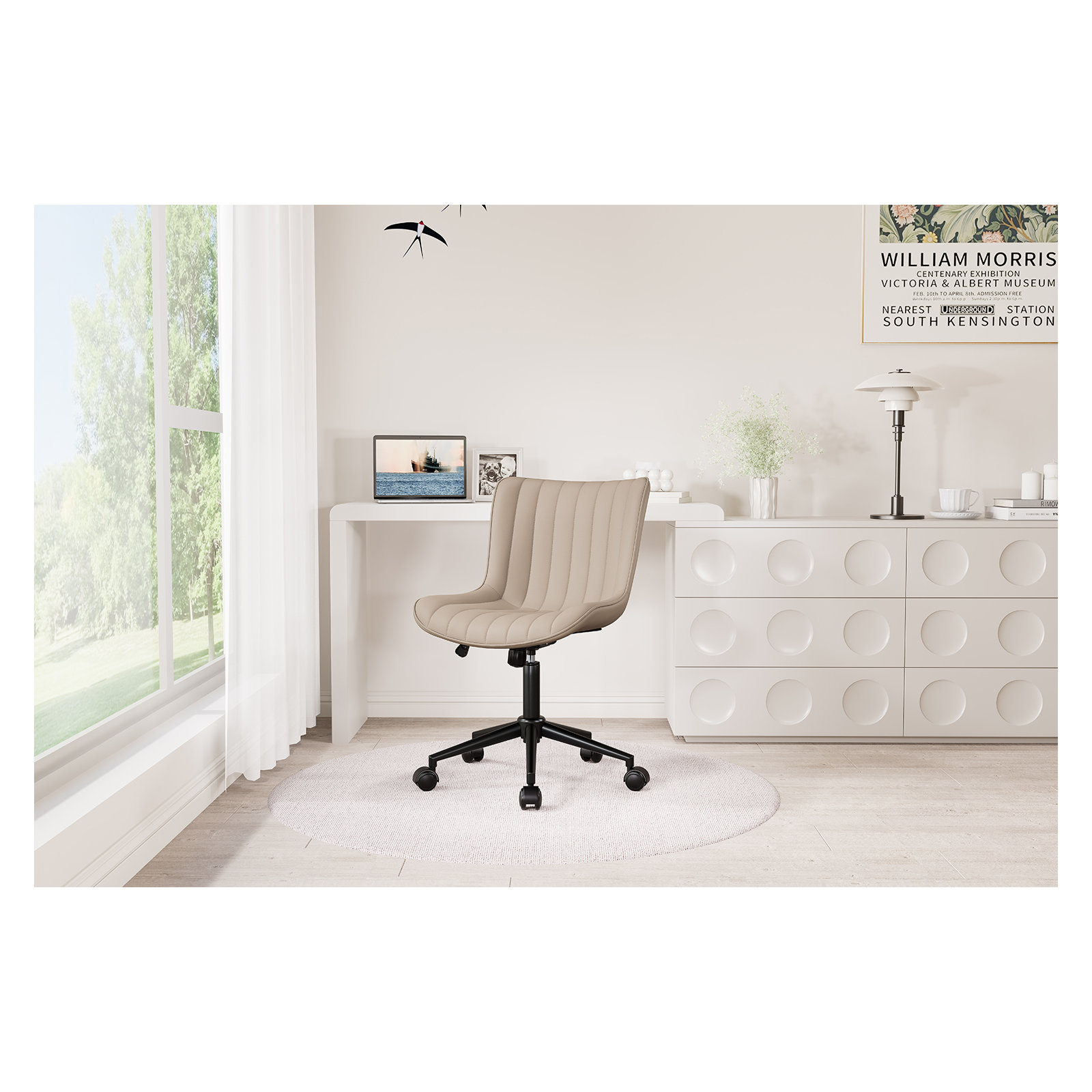 Brionni Leather Swivel Task Chair with Casters, Khaki Seat/ Black Frame