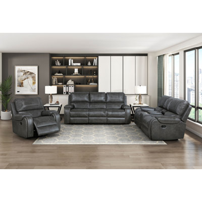 Canapé inclinable gris 3 pièces ensemble canapé rembourré Causeuse ports USB Console de rangement en similicuir