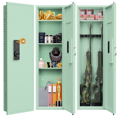 2025 NEW 53.15” Wall Gun Safe, Digital Wall Safe Between the Studs with Dual Alarm & Mute Mode, Hidden Wall Gun Cabinet for Pistols with Adjustable Shelves, Magnetic Gun Support