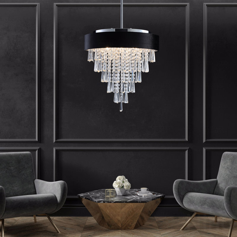 Lustre en cristal de style moderne de 18 pouces avec abat-jour en velours imitation finition noire, avec fonction de hauteur réglable, base G9 à 8 lumières