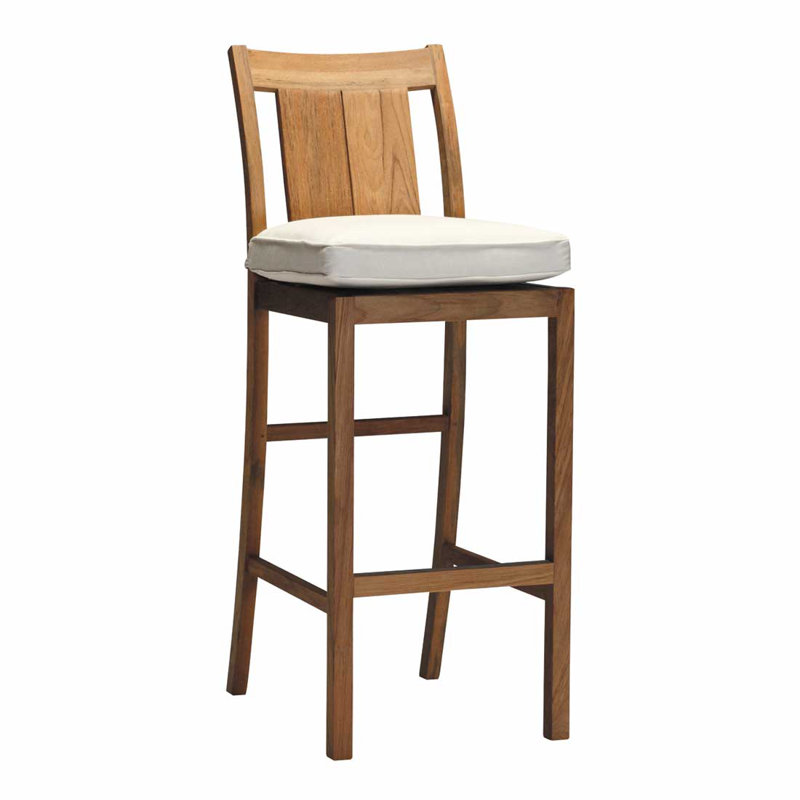Croquet 24.5" Patio Bar Stool with Cushion, Rollo Lace InsideOut® Linen, No Welt, Natural Teak