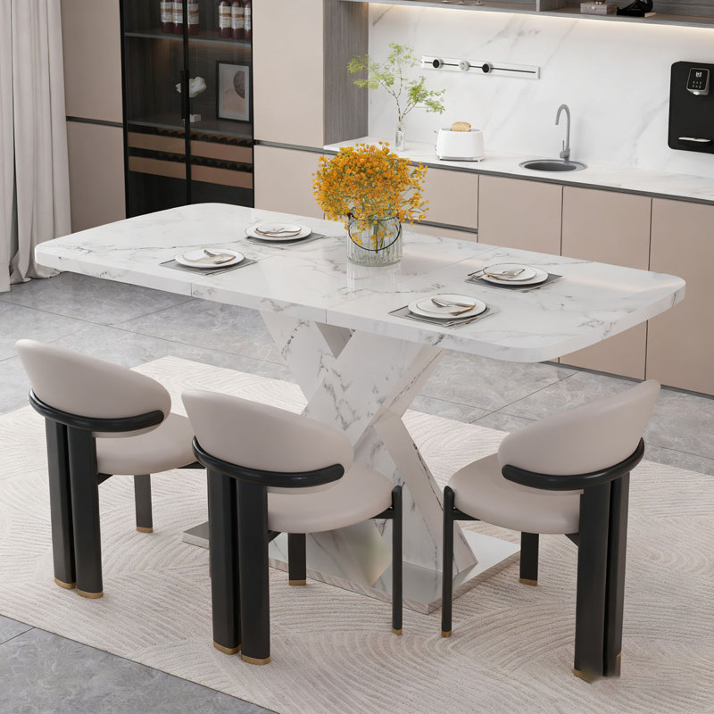 Modern Rectangle Dining Table with Marble Table Top+MD, White, White
