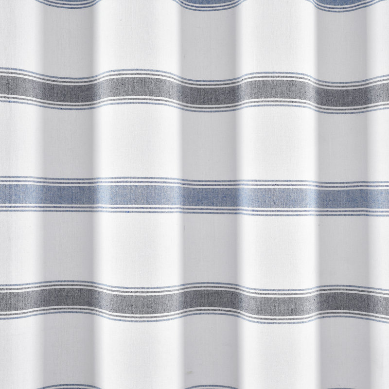 Blue and White Striped Cotton Shower Curtain with Tassel Fringe, 72" x 72"