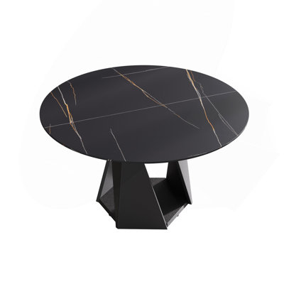 Table de salle à manger 53 po ronde en marbre avec base en fer noir et marbre artificiel pour 6 personnes