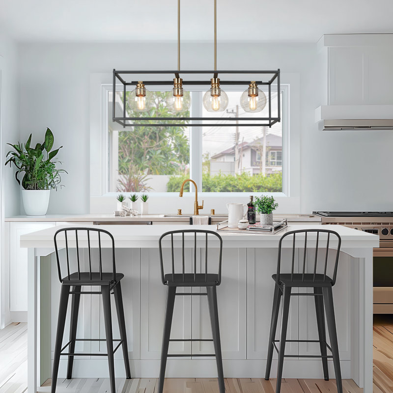 Jorinde 4-Light Modern Farmhouse Rectangle Black Metal  Chandelier with Seeded Glass Shade