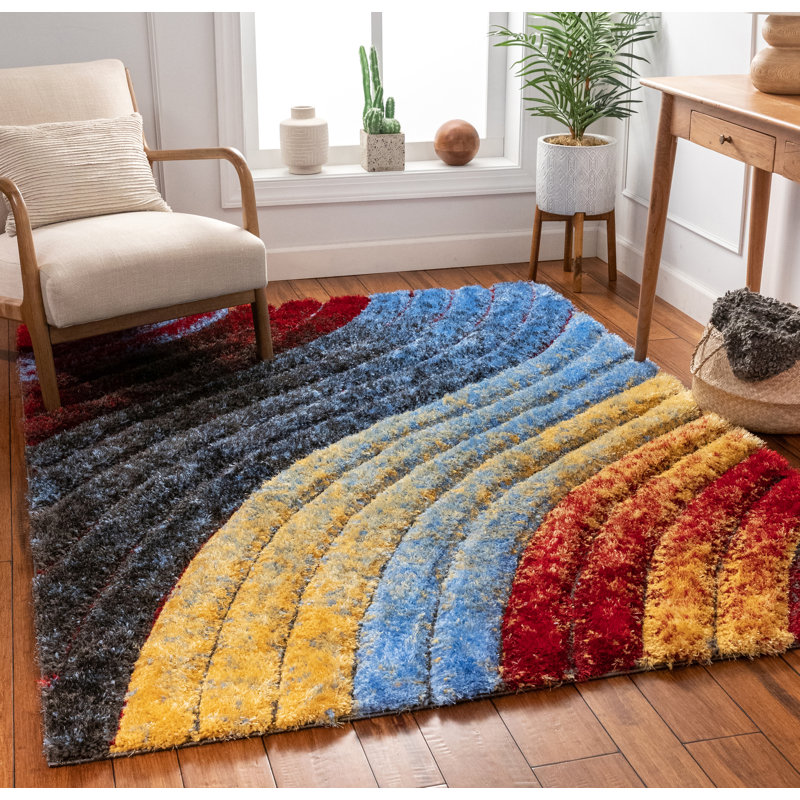 San Francisco Red and Multicolor Geometric Shag Rug 4' x 6'