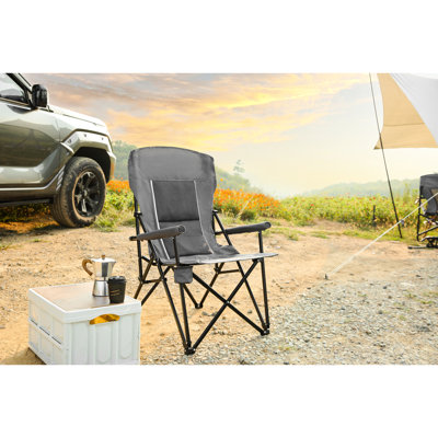 Heavy Duty High Back Lawn Chair That Can Hold 250Lbs, Collapsible And Portable, Grey With Cup Holder, Breathable For Camping Garden Supports Steel Frame, Comfortable Design Outdoor Activities