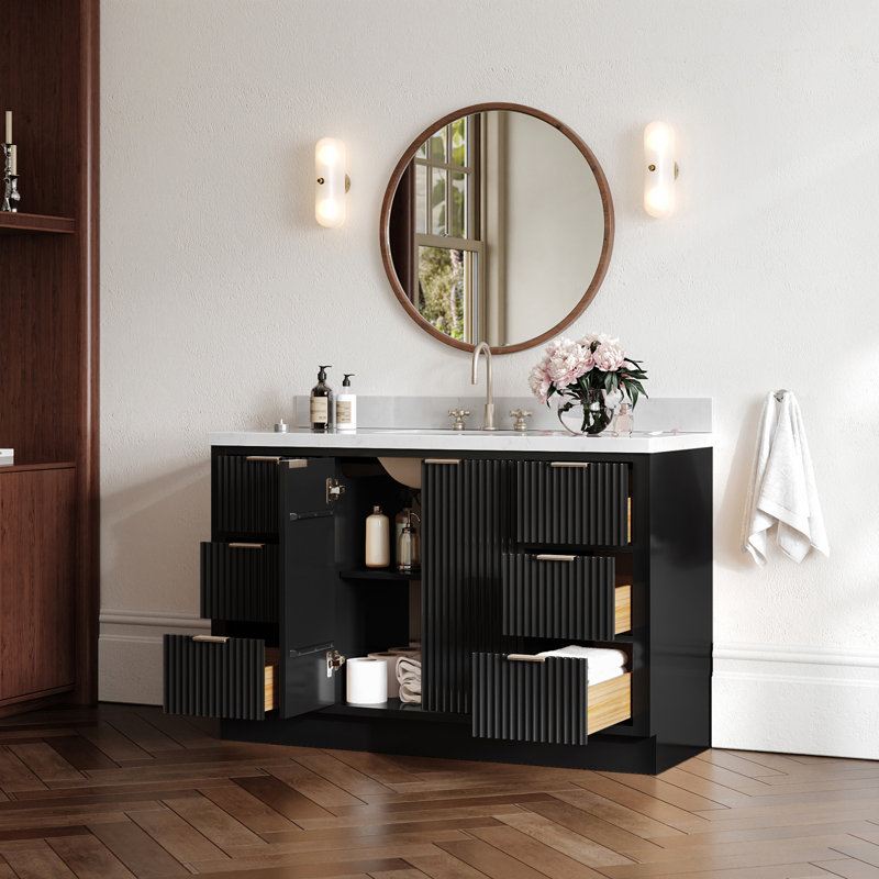 Meuble-lavabo simple en bois massif de 54 po avec comptoir en quartz noir de 1,5 po Haun de Haun, lavabo rectangulaire, 54"