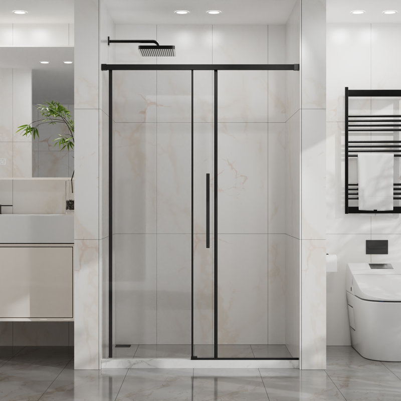 48" W X 72" H Sliding Shower Door, Semi-Frameless, 1/4" Tempered Clear Glass With Easy-Clean Coating, Matte Black Hardware | Gift Idea