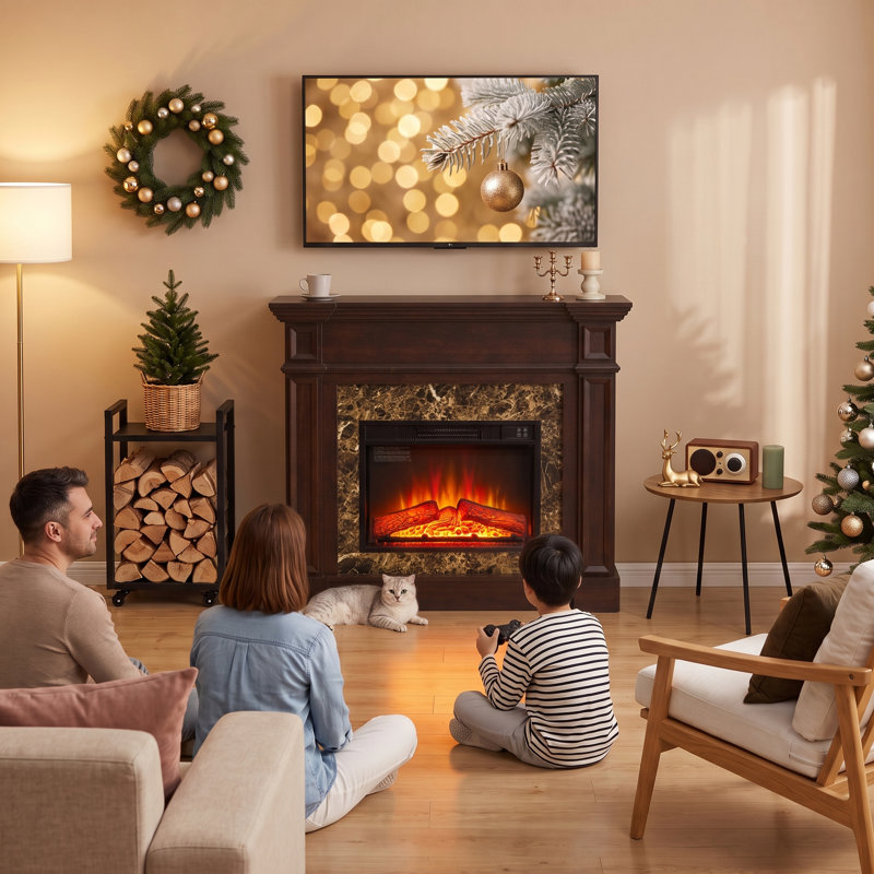  46" TV Stand Electric Fireplace with Mantel, Portable Freestanding Wood Stove with Remote Control, 23'' Electric Fireplace Insert Heater, 1400W Realistic 3D Flame Stacked Stone Surround