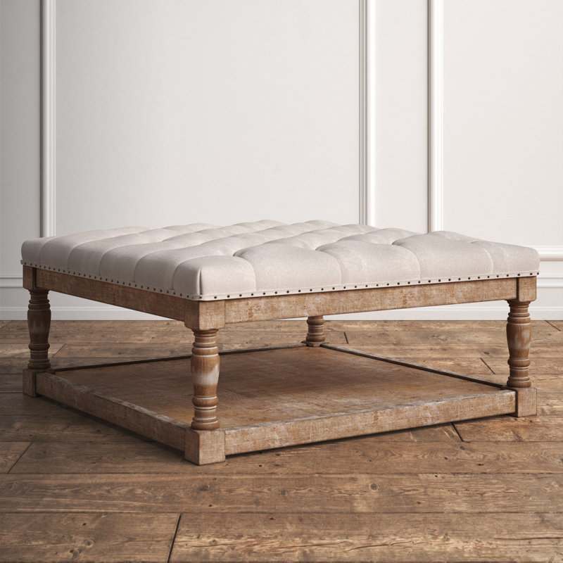 Fontanet 34" Wide Tufted Square Cocktail Ottoman/Coffee Table, Beige/Natural 