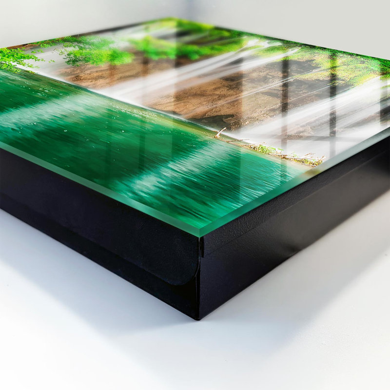 Key storage box, Opens to the left, 30x30x5, White, A waterfall among greenery and turquoise water, 