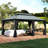 Outdoor Patio Metal Frame Gray Wood Grain Resin Roof Gazebo with Privacy Curtain Mosquito Netting-121781435-120142337