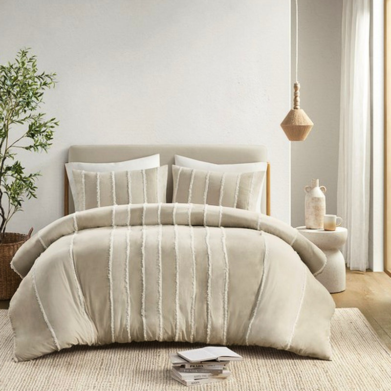 Housse de couette en coton 3 pièces double / grand avec décor à rayures alternées et fermeture à boutons de taille