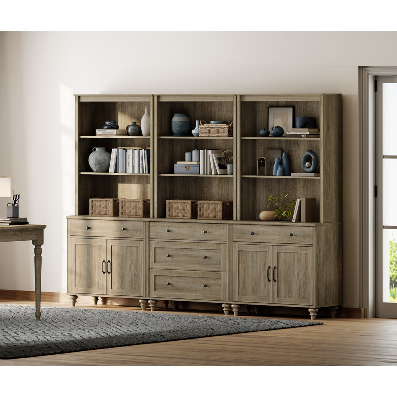 Scarlett 72.1"H X 101.6"W Bookcase With 5 Drawers And 2 Cabinets, Tall Book Case With 3-Tier Open Book Shelfs, Large Wood Bookcases Farmhouse Bookshelves For Living Room Bedroom Home Office Kitchen, 72''