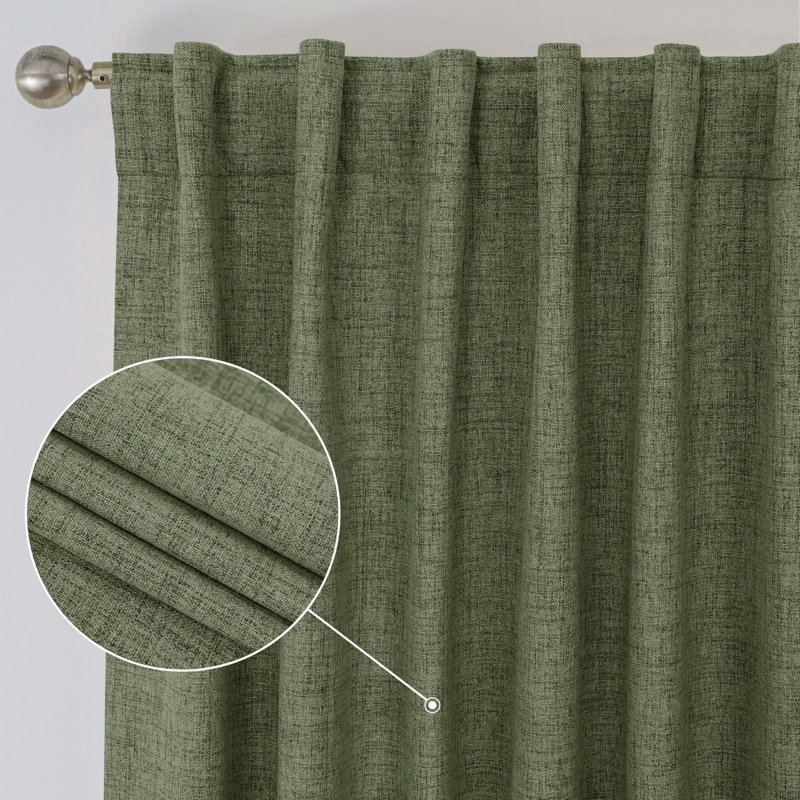 100% Blackout Linen Textured  Curtains Farmhouse Thermal Insulated Pocket Back Tab Full Light Blocking 2 Panel, Olive Green