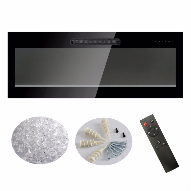 50 Inch Recessed Ultra Thin Tempered Glass Front Wall Mounted Electric Fireplace With Remote And Multi Colour Flame & Emberbed, LED Light Heater