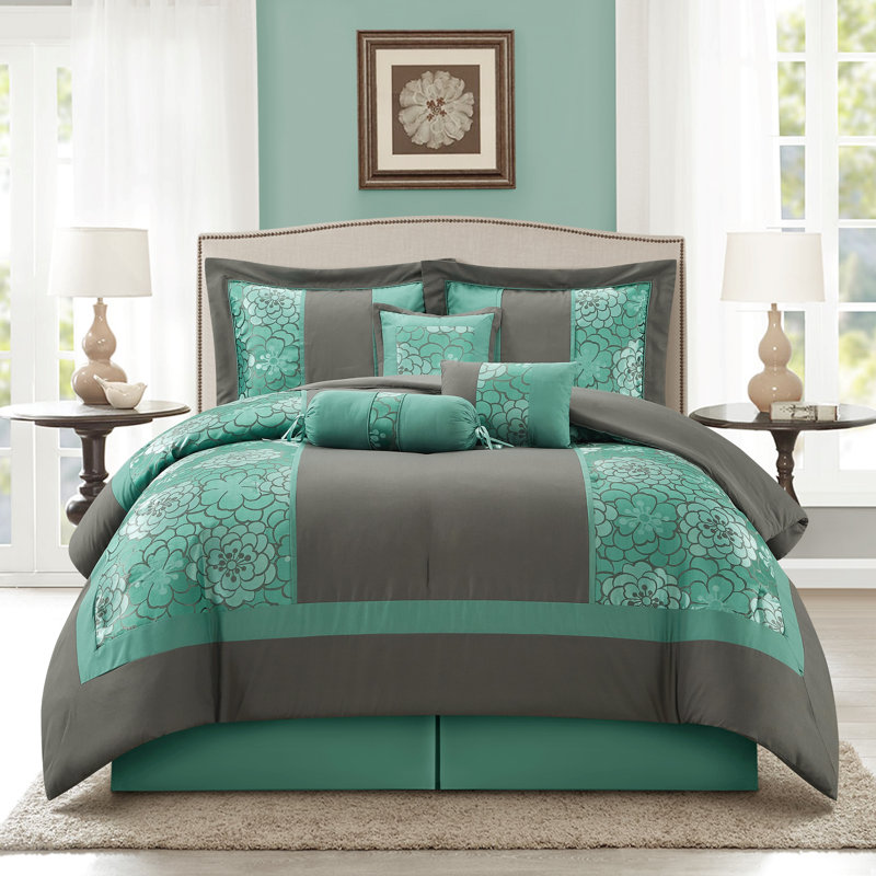 Ensemble d'édredon jacquard 7 pièces Sibyl, Grand édredon et 6 pièces supplémentaires, Aqua / gris