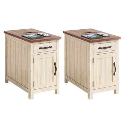 Table d'appoint à plateau rabattable avec station de recharge, tiroir et garde-robe, station de recharge intégrée | Rangement dissimulé sous le plateau rabattable