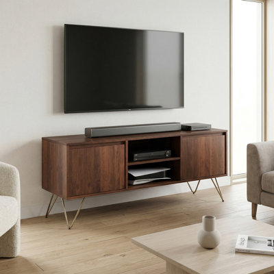 Meuble télé industriel en bois de manguier l 60 po pour téléviseur de 65 po ou moins avec 2 armoires et tablette ouverte Hunter