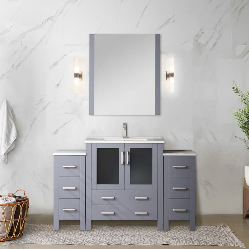 Meuble-lavabo simple gris foncé de 137 cm de large avec armoires latérales décoratives, comptoir en céramique, robinetterie incluse, miroir en forme de fleur de 71 cm, espaces de rangement antitaches, lavabo, finition inclinée