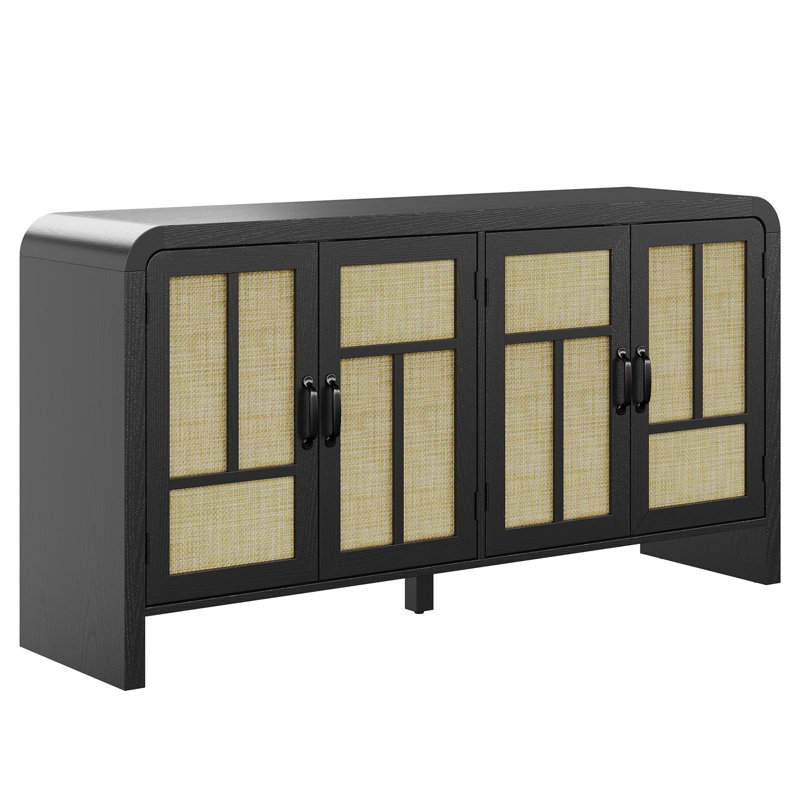 Buffet en rotin de 150 cm avec 4 portes et étagères réglables, style bohème, idéal pour la cuisine, l'entrée ou le salon.