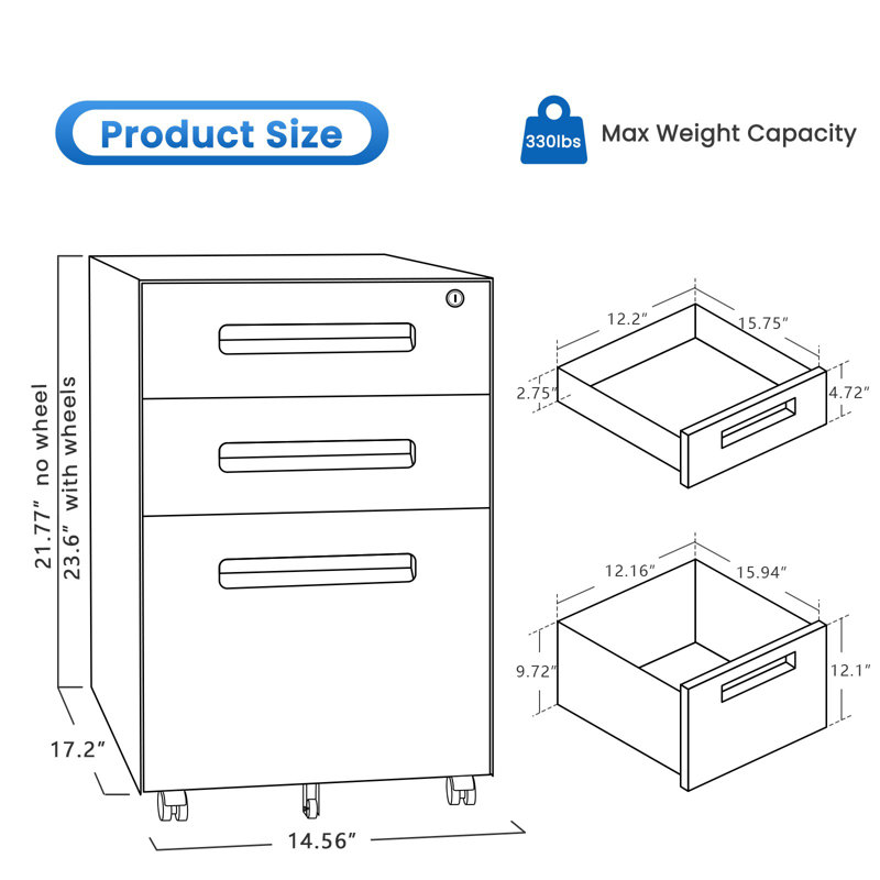 3 Drawer File Cabinet, Mobile File Cabinet with Lock on Wheels, Letter/Legal Size, Fully Assembled., Black