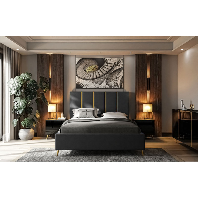 Upholstered Bed Ajhar with Storage, Dark Grey, European Double (140 x 200cm)