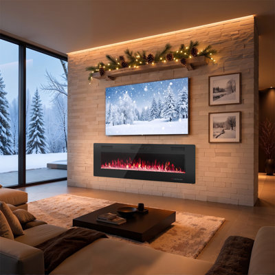 Foyer électrique ultra-mince, radiateur encastré mural et encastré avec télécommande, 5100 BTU, modes flamme et cristal en 12 couleurs, minuterie, mode veille