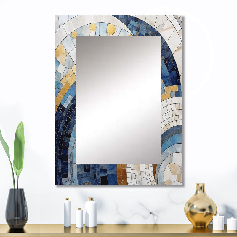 Gold Constructing Blue Realms III - Abstract Shapes Mirror, Blue Decorative Wall Mirror, Printed Metal Art, 32" x 24"
