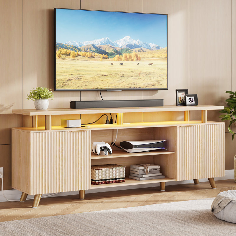 59" Modern TV Stand for TVs up to 65",TV Console with LED Lights, Power Strip, USB Ports & Adjustable Storage, Natural Wood