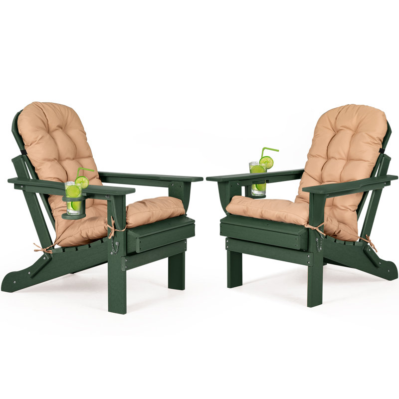 Folding Adirondack Chairs Set Of 2 With Cushion, Hdpe Oversized Patio Chair Weather Resistant, Green