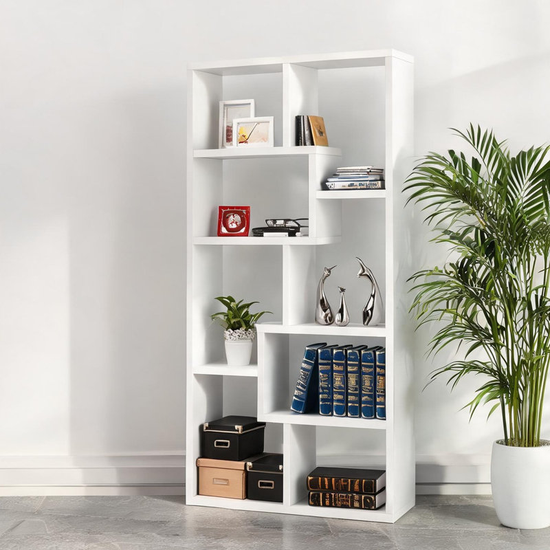 Bibliothèque géométrique à 8 niveaux avec étagères ouvertes et design anti-basculement pour le salon et la bibliothèque