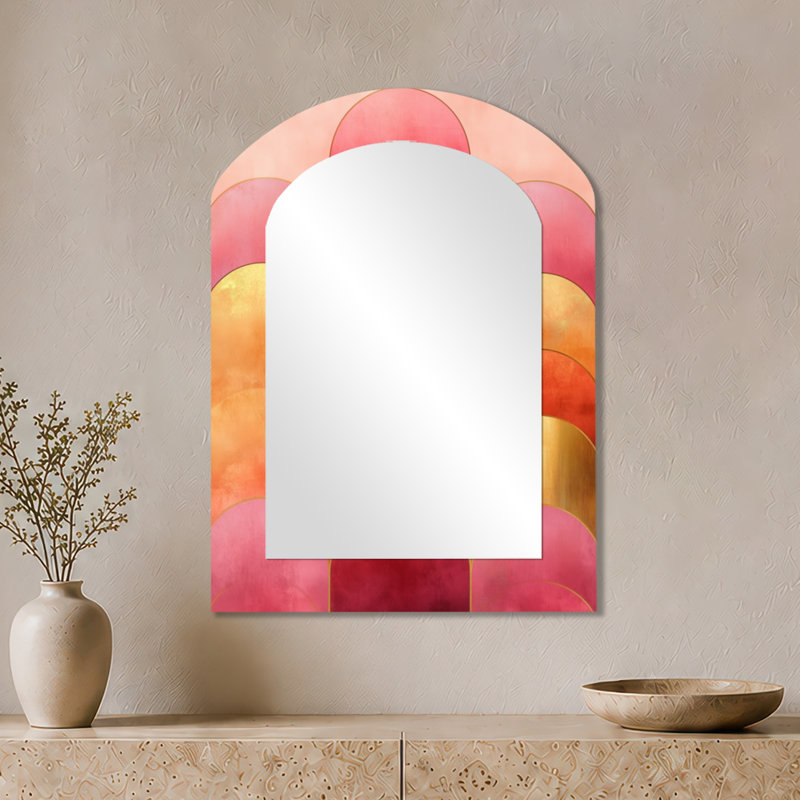Miroir mural abstrait arqué abstrait contemporain I - rose et or II, imprimé sur métal, 34" x 25"