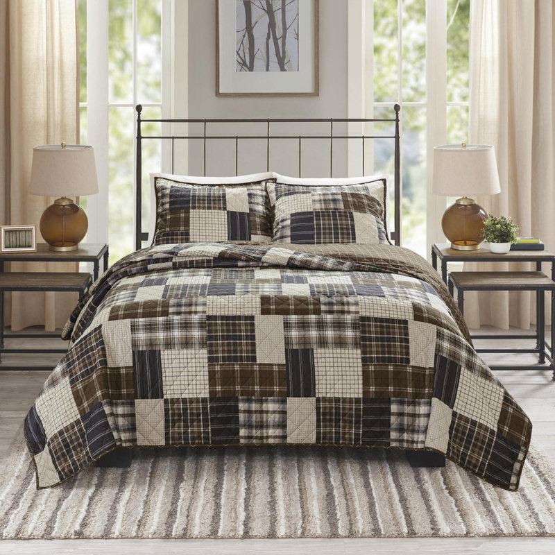 Ensemble de courtepointe en microfibre 3 pièces, Noir; brun, Couvre-lit pour très grand lit + 2 taies décorat