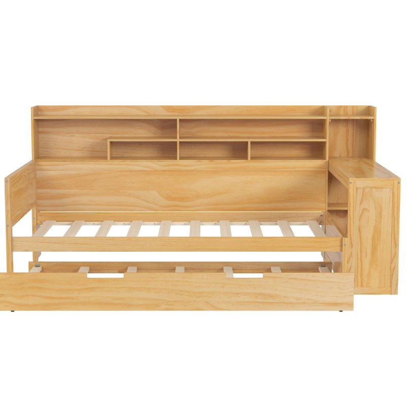 Lit de jour en bois avec lit gigogne simple et bureau pratique avec rangement - Fabrication en bois de qualité, Naturel