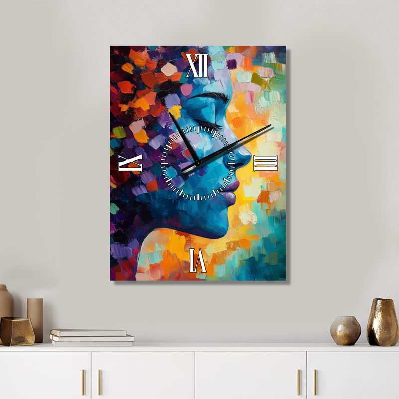 Portrait abstrait d'une femme - Horloge murale géométrique en métal, H 32 po x l 24 po - Rectangle