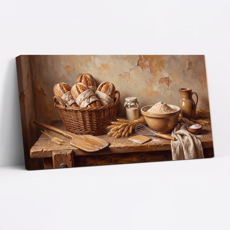 Pains dans un panier en osier sur une table en bois avec du blé - Tableau sur toile, 20"W x 10"H