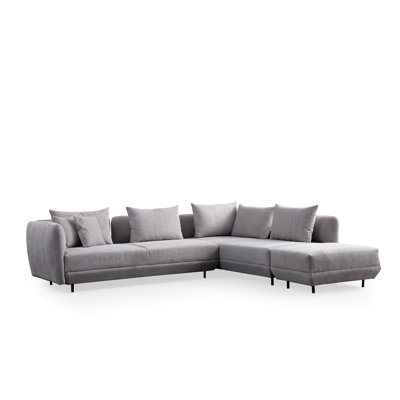 Élégant canapé d'angle avec 7 coussins, blanc, 122,0 po x 104,3 po x 29,9 po | Structure en bois de hêtre et en carton, tissu 100% polyester | Support pour le dos en mousse et en silicone gris doux | Pieds élégants en métal noir | Parfait pour les salons et les salons