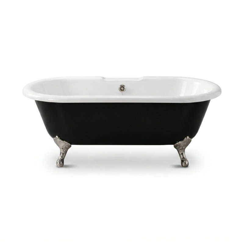 The Black and White 66 in. Double Ended Clawfoot Acrylic Tub with 7 in. Deck Mount Faucet Holes, Satin Black