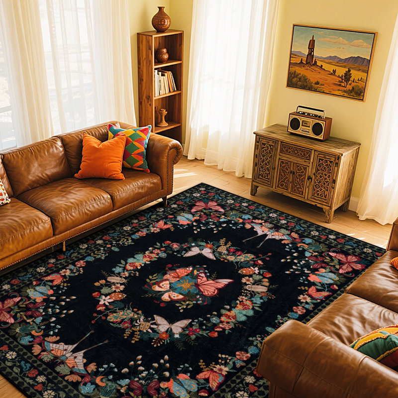 Butterfly 8x10 Rug, Modern Low Pile Carpet for Bedroom Dining Room, Black Area Rugs for Living Room, Tumble Rug for High Traffic Area, Washable Area Rugs Home Decor Use, Non Slip