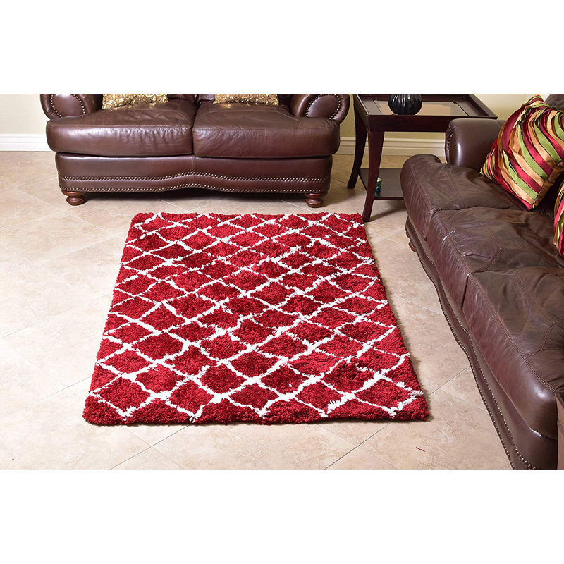 Tapis de poils longs zone rouge marocain treillis fait main Bartee